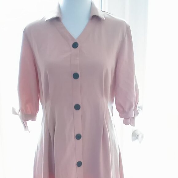 Reina Tan Collared Button Up Midi Tie Waist Coat or Dress - Picture 3 of 16